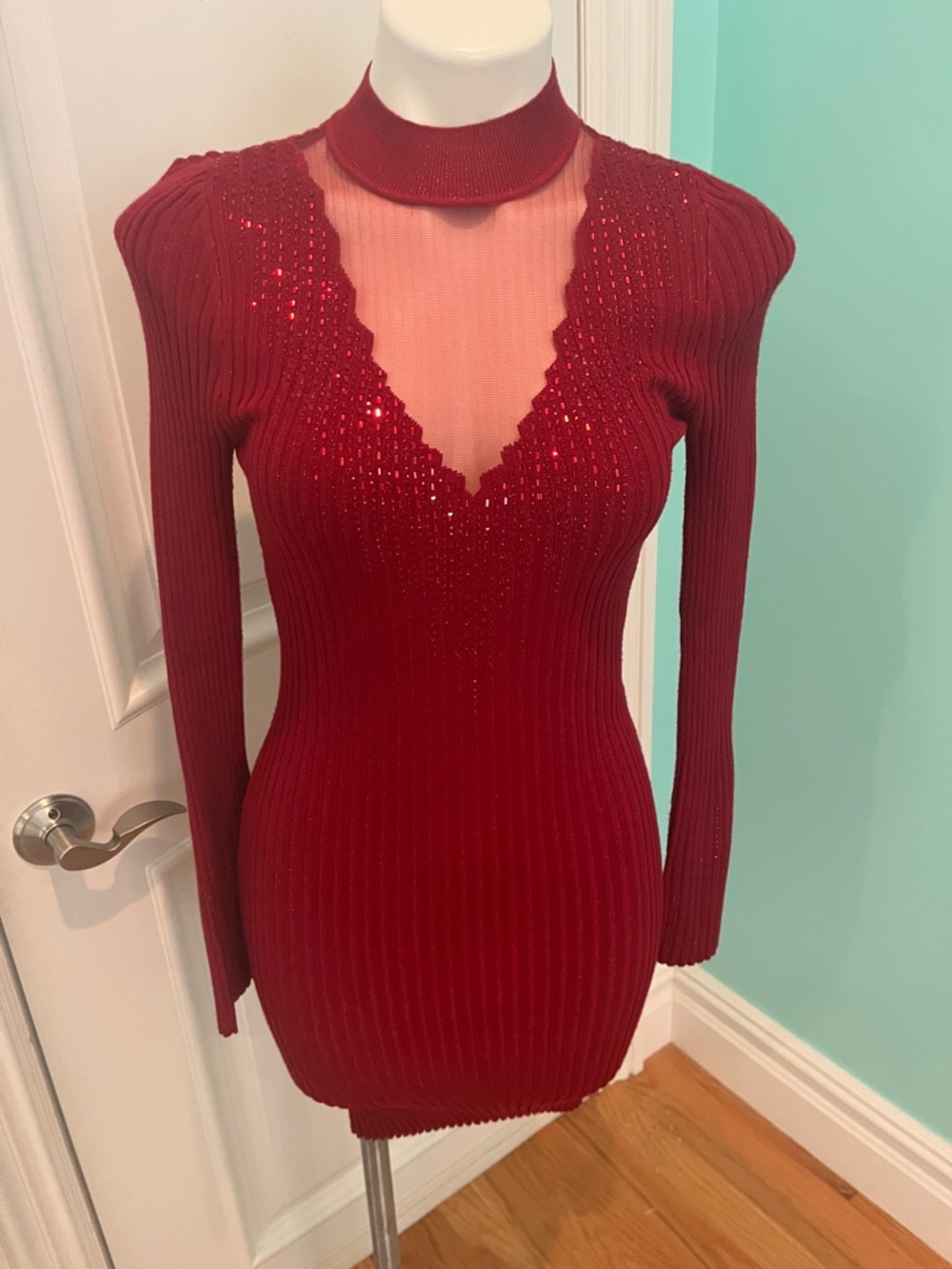 Guess Red Sequin Trim Ribbed Bodycon Dress